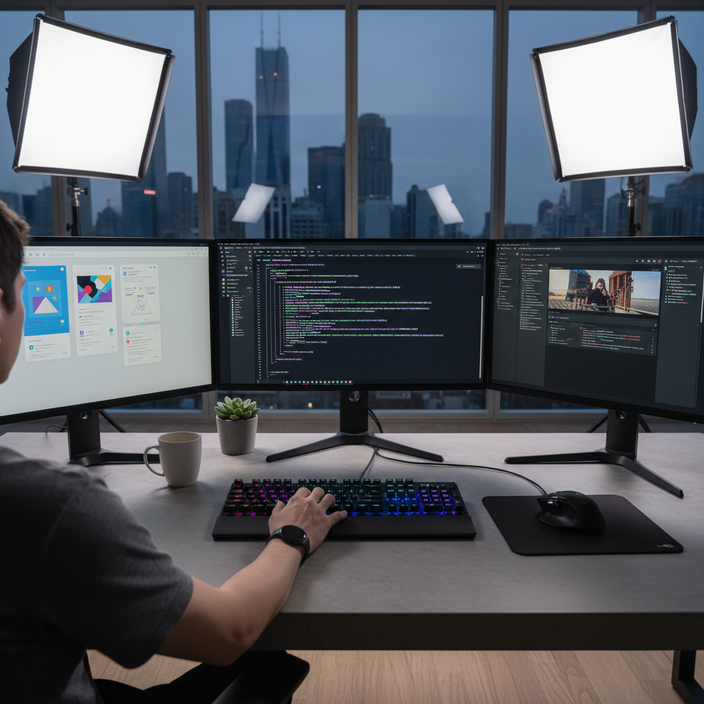 Developer working on code on multiple monitors in a modern office