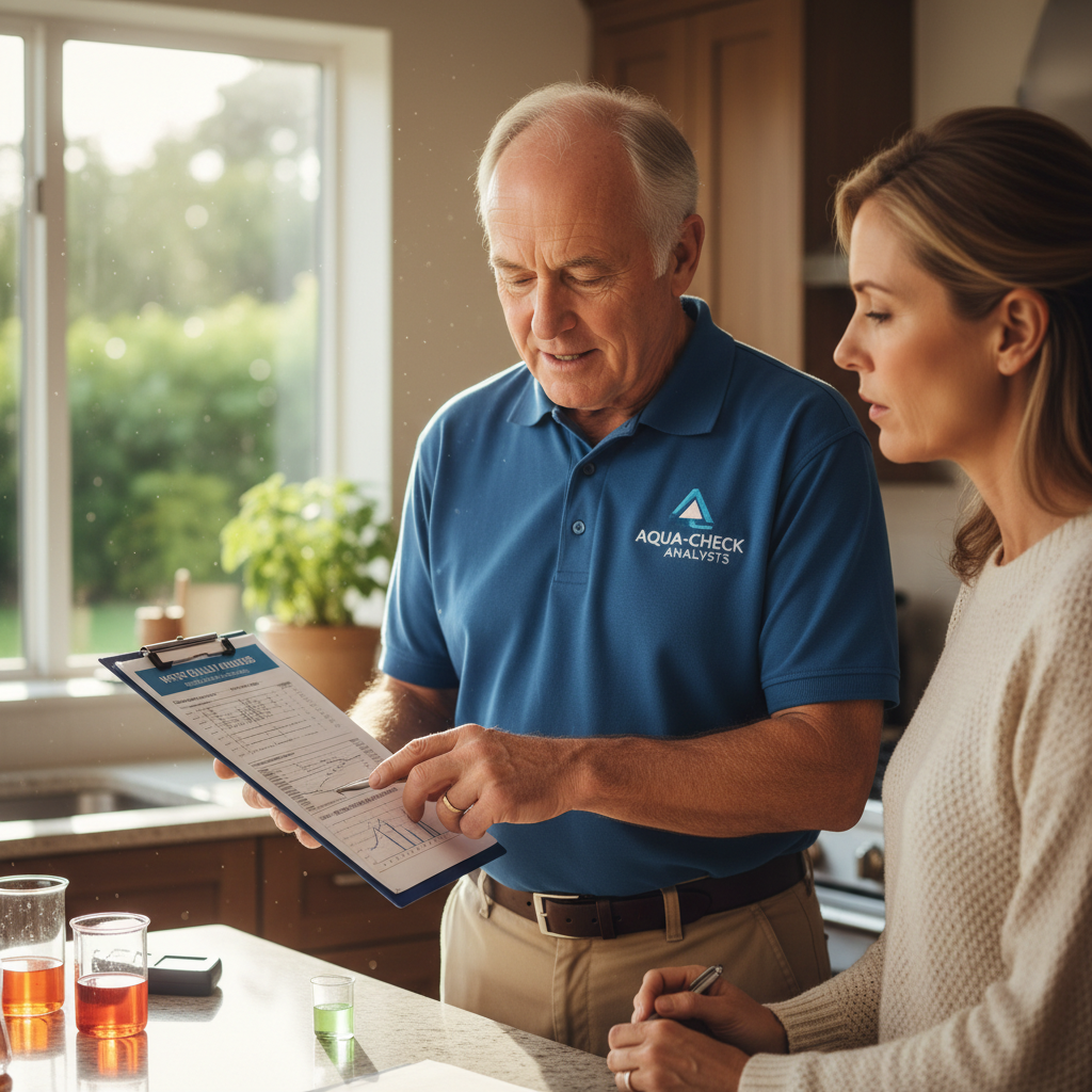 Marcus Webb, senior field technician, explaining water test results to a homeowner