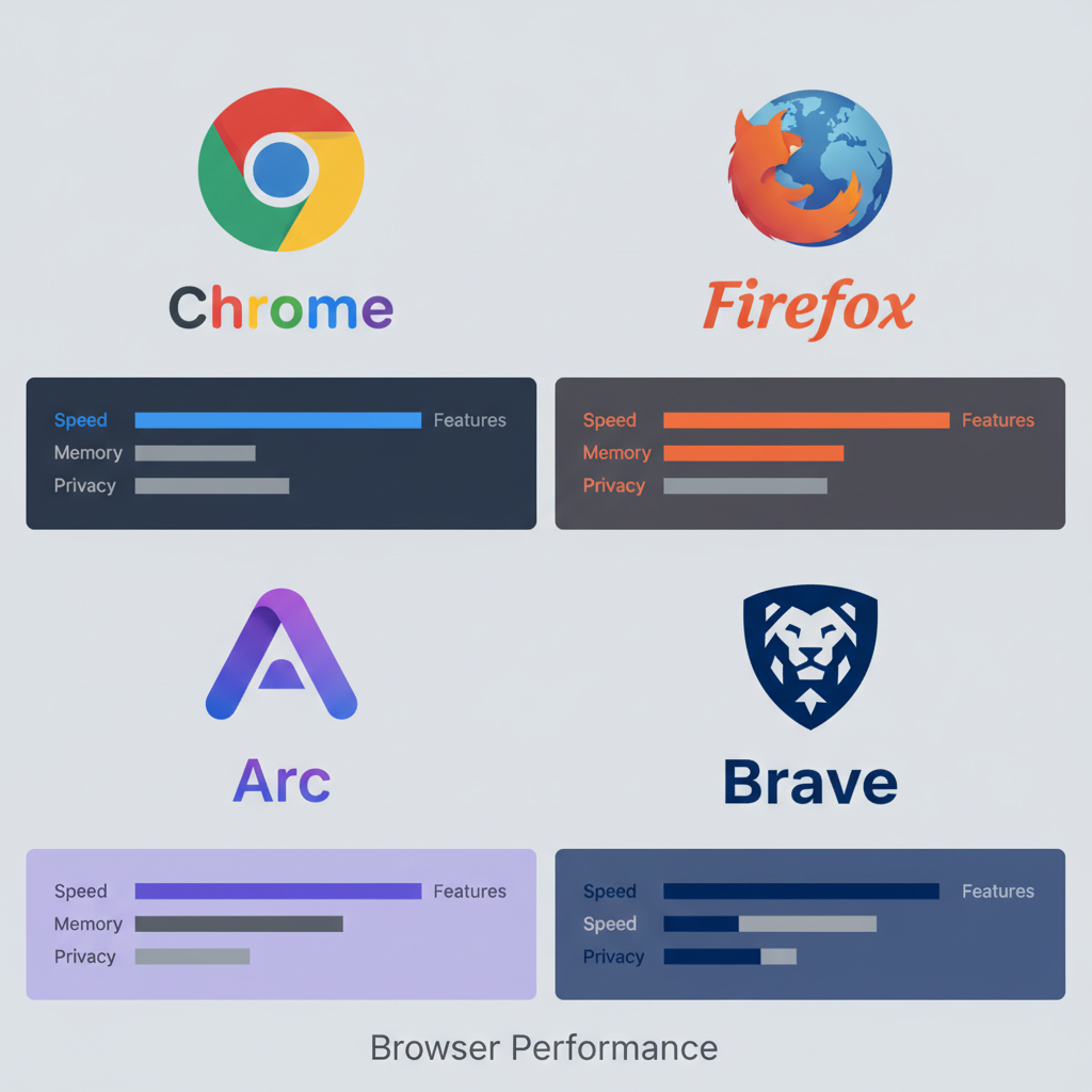 Four browser logos Chrome Firefox Arc and Brave with performance comparison chart
