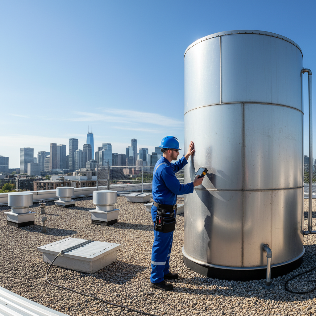 Professional technician in uniform inspecting water storage tank during cleaning service