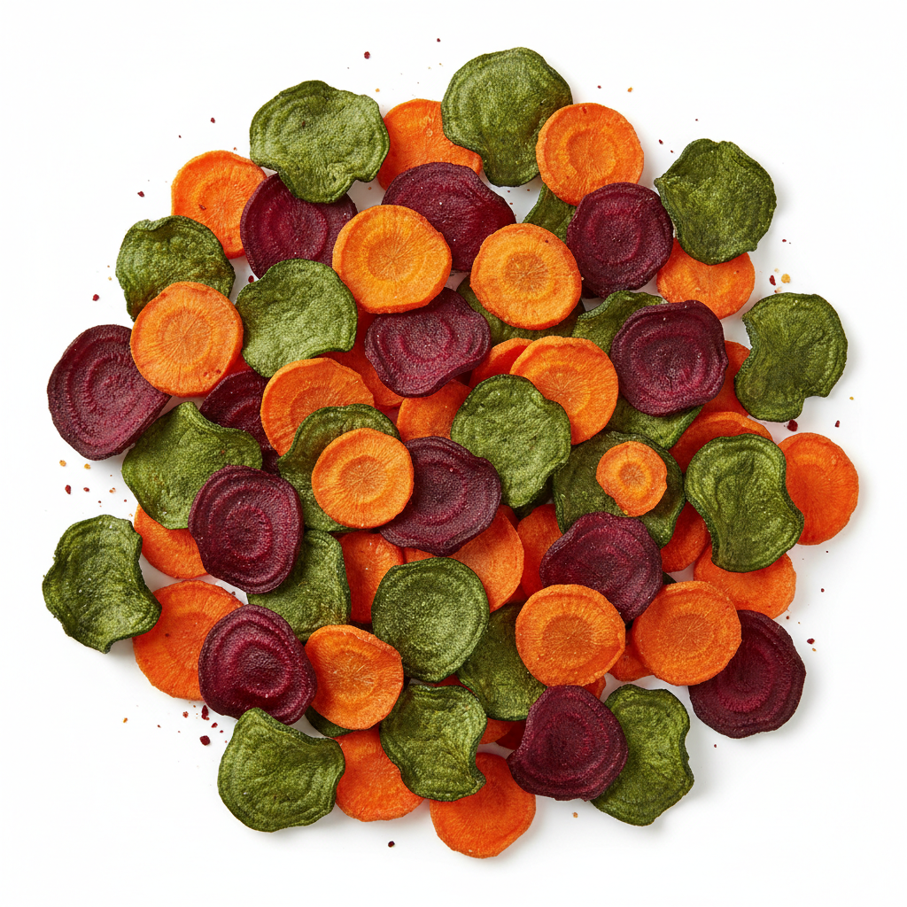 Colorful baked veggie chips made from beets, carrots, and spinach