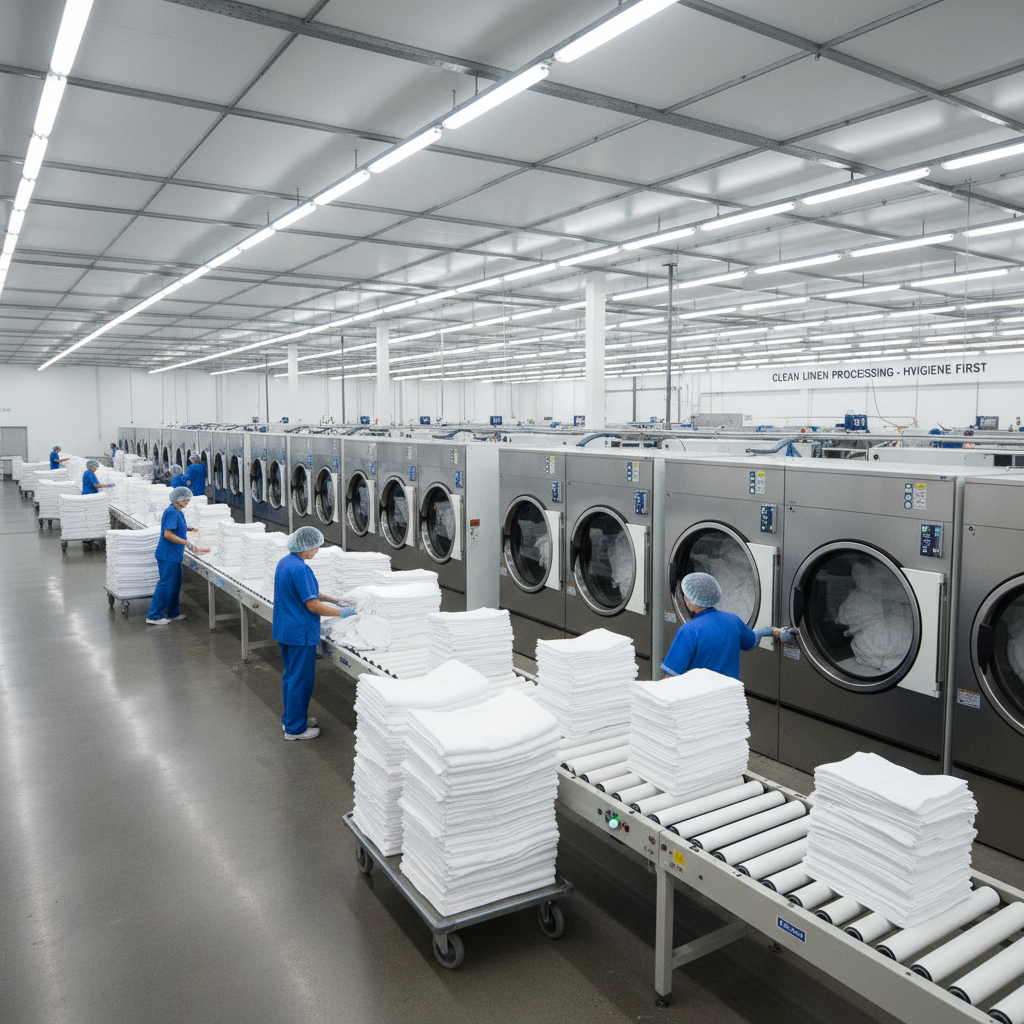 Hospital linen processing facility with rows of commercial dryers and clean white linens