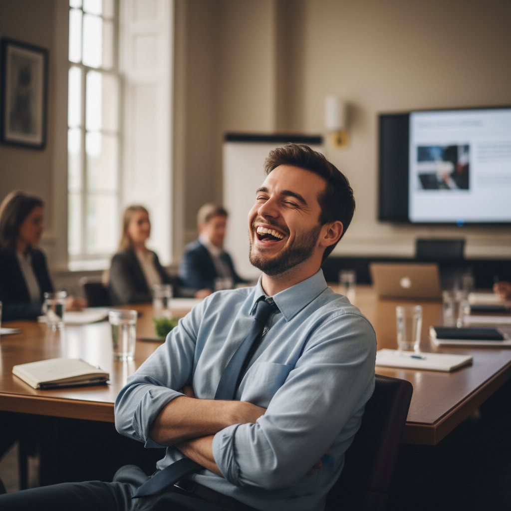Young public defender mid-laugh at conference table