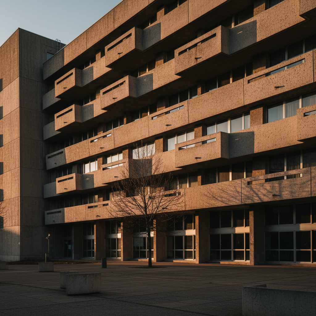 Brutalist building facade with deep shadow reveals and raw concrete texture in afternoon light