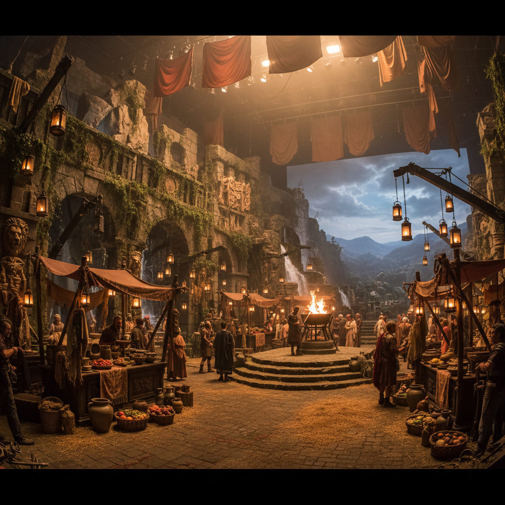 Elaborate movie set with detailed production design and atmospheric period lighting