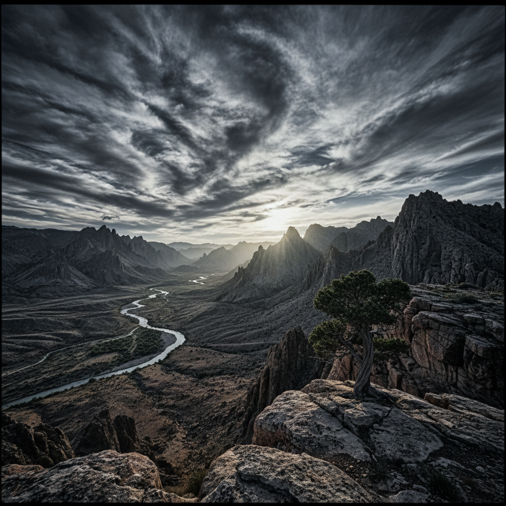 Black and white landscape with dramatic sky developed in darkroom