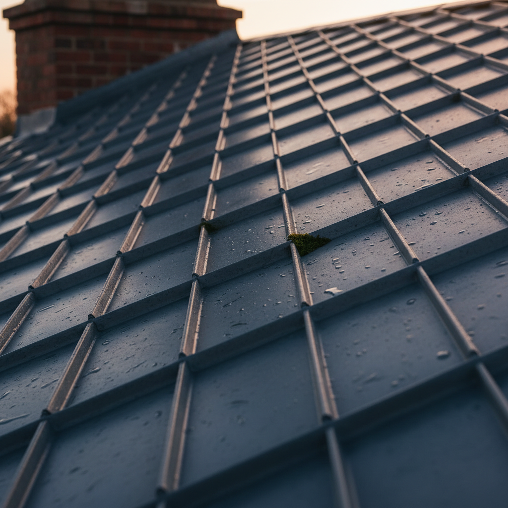 Close-up of standing-seam metal roof detail catching afternoon light, showing precise panel alignment