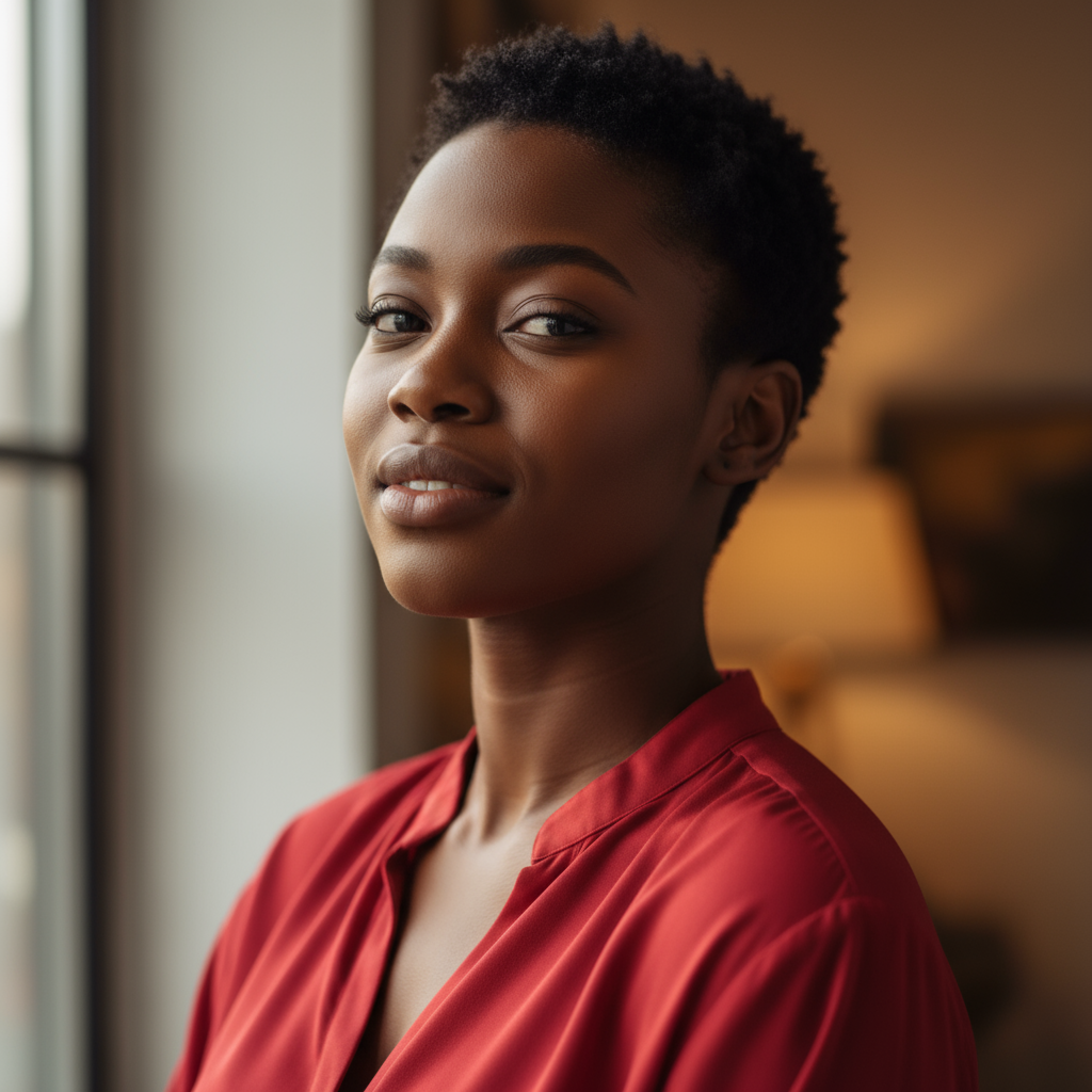 Amara Kiprotich, young African woman with bright eyes, confident expression, indoor light