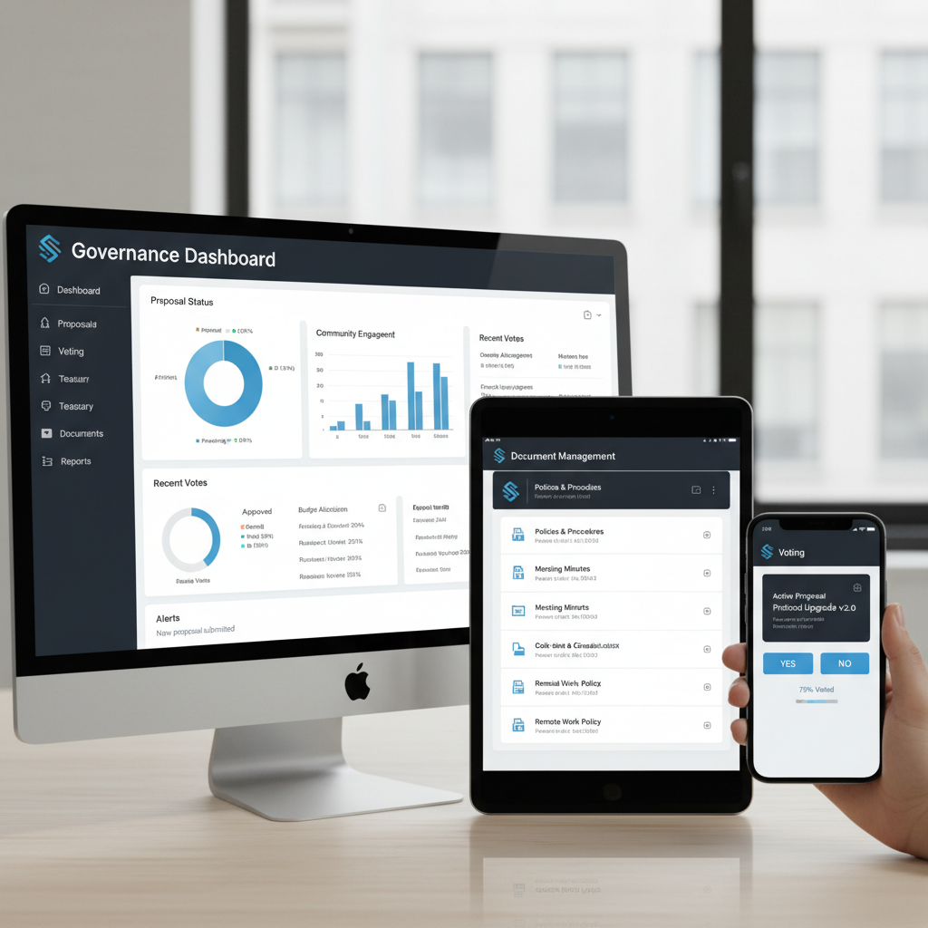 Strata cross-platform app showing governance dashboard and document management