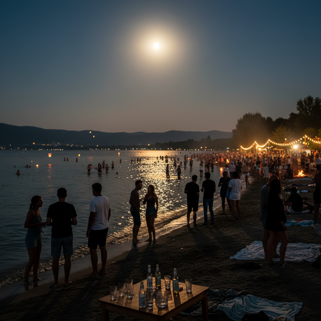 Festa in spiaggia sul lago di Bracciano di notte con luna piena