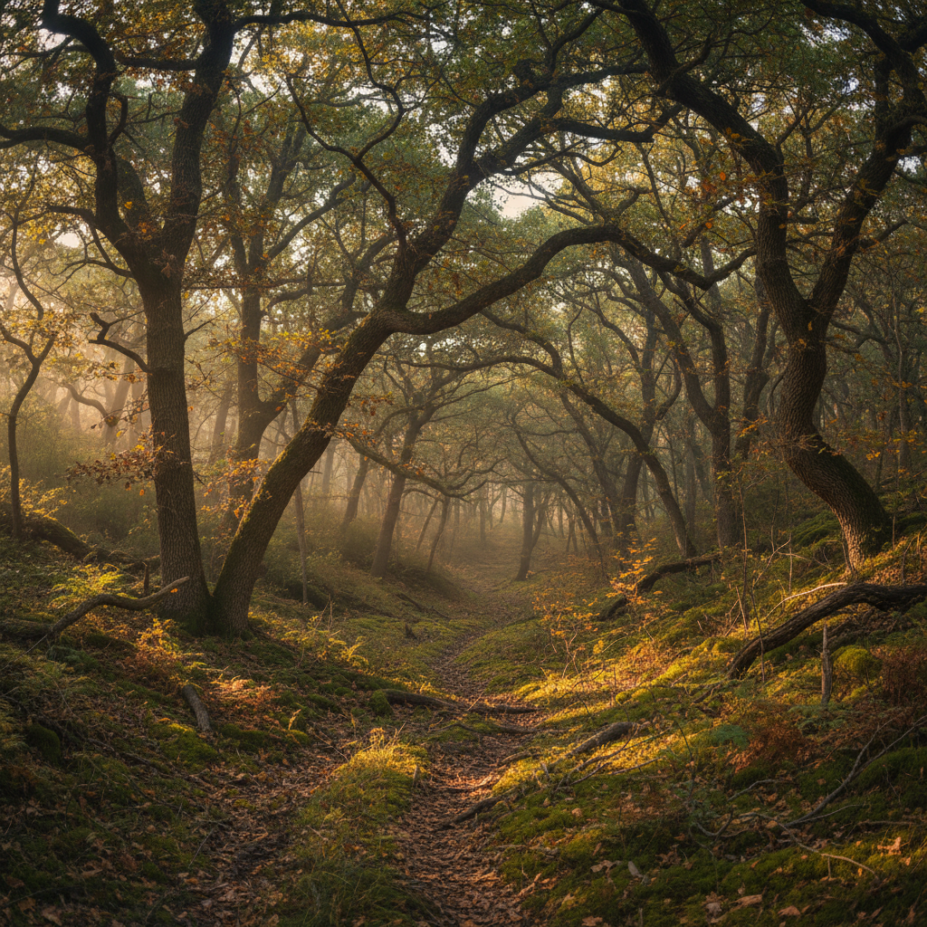 Quiet forested hillside with dappled sunlight filtering through oak and hickory trees in the Ozarks