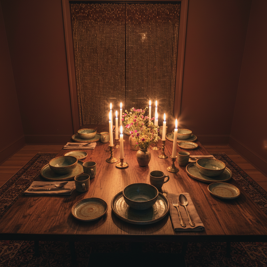 Private dinner table with candles and gold cutlery in shadowed intimate setting
