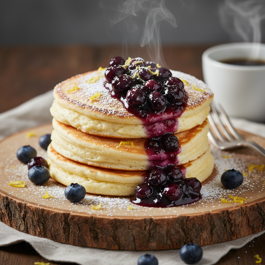 Stack of fluffy golden buttermilk pancakes with maple syrup and fresh berries
