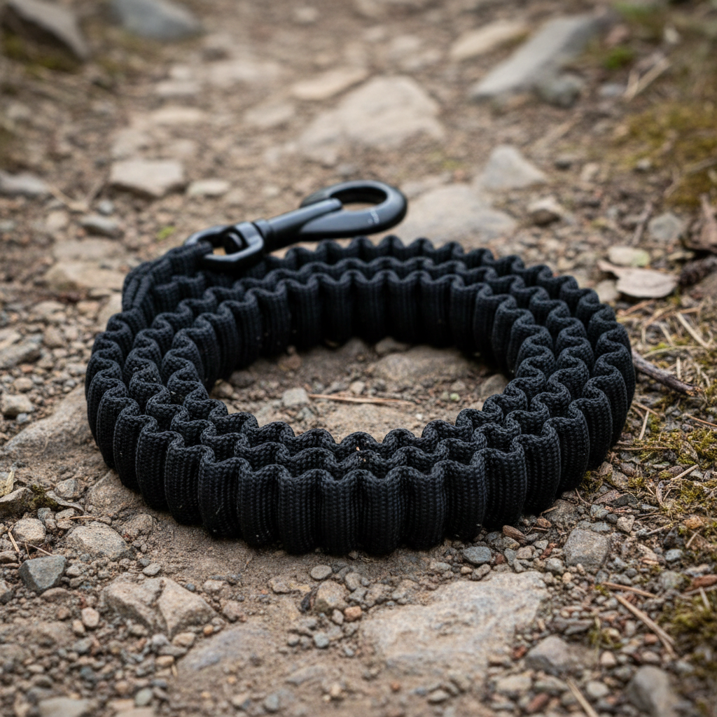 Black bungee dog leash with carabiner clip coiled on a trail surface