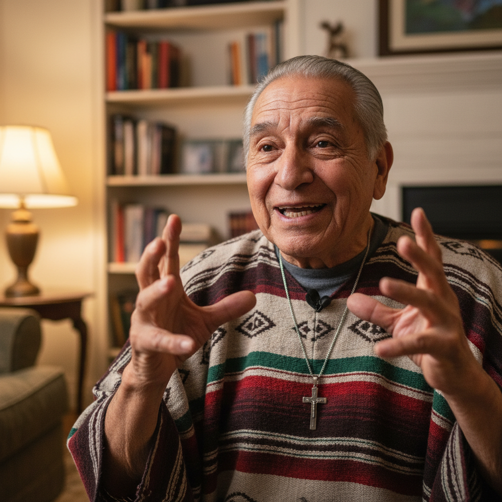 Elderly Mexican American man being recorded with a microphone, speaking animatedly with hands gesturing, warm indoor lighting