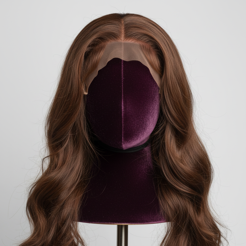 Virgin Remy human hair lace front wig on velvet mannequin head with professional styling