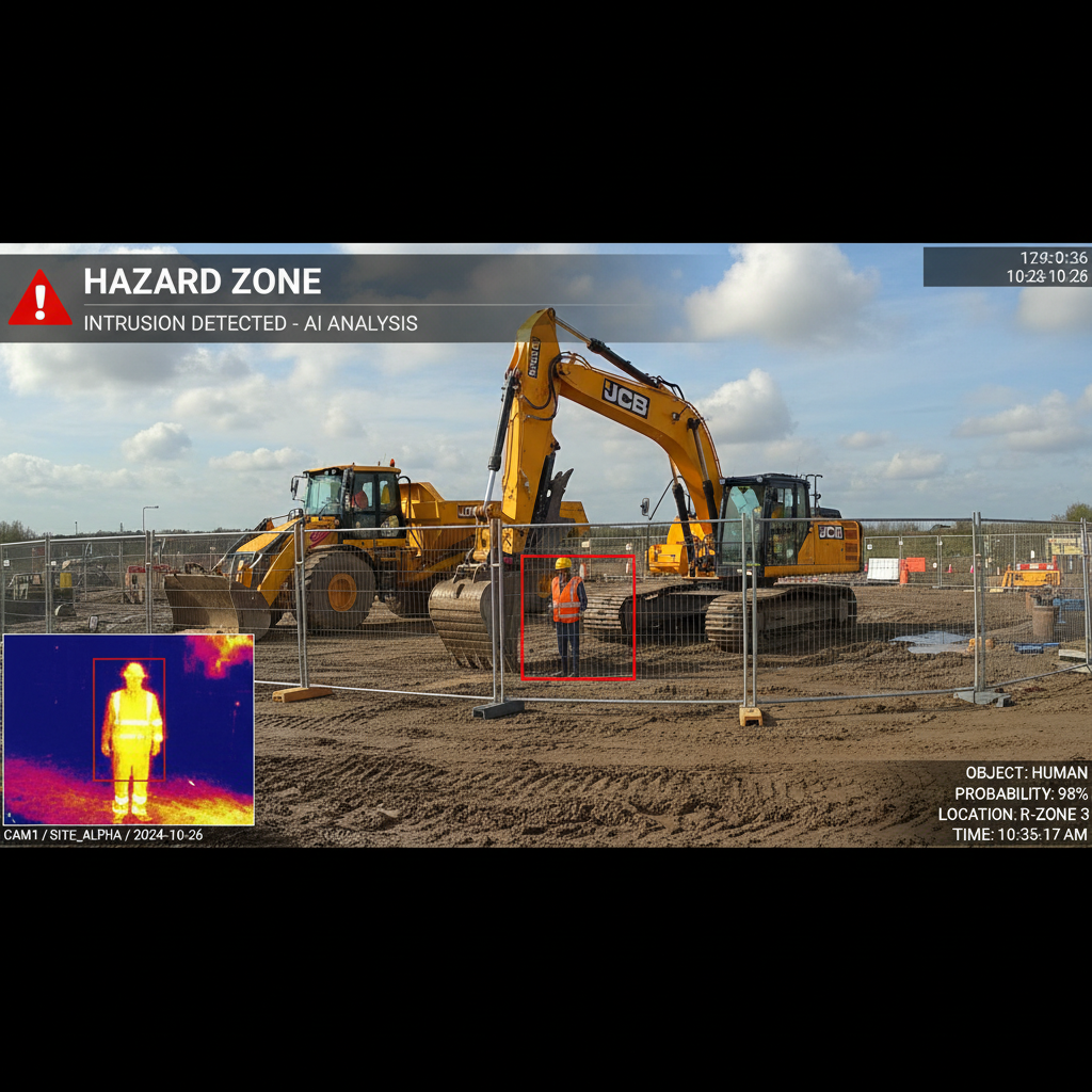 Hazard zone intrusion detection AI — real JCB deployment screenshot monitoring restricted areas around heavy machinery