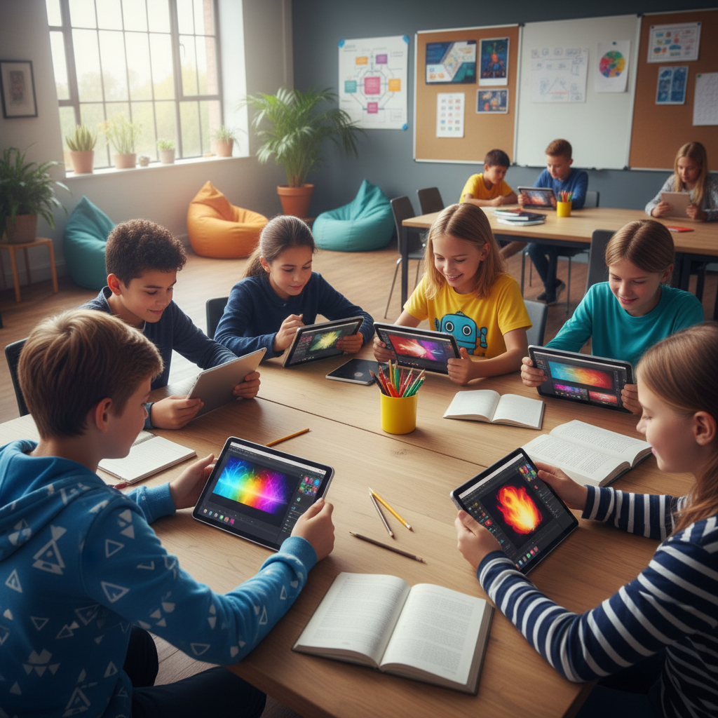 African teacher smiling while helping young student with tablet showing educational content in bright classroom