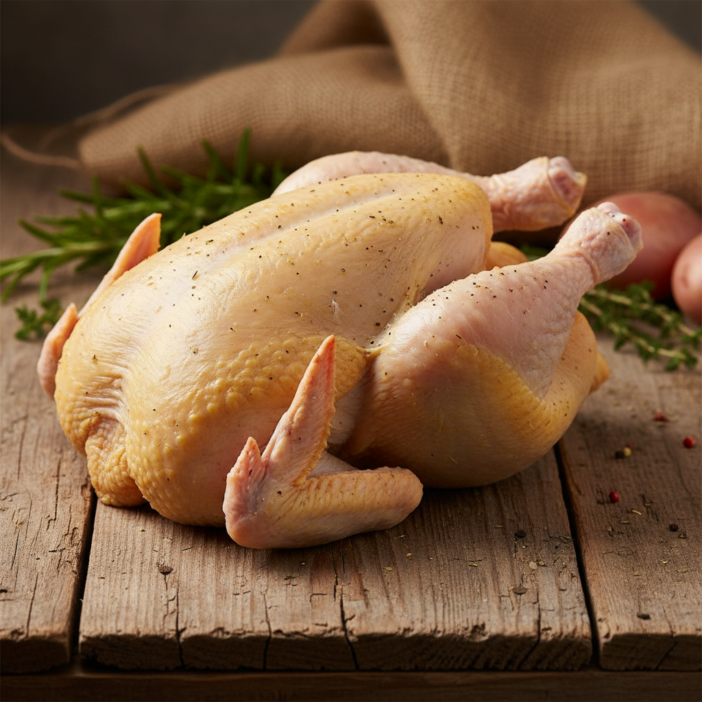 Fresh whole chicken displayed on a wooden butcher block, warm amber lighting, rustic setting