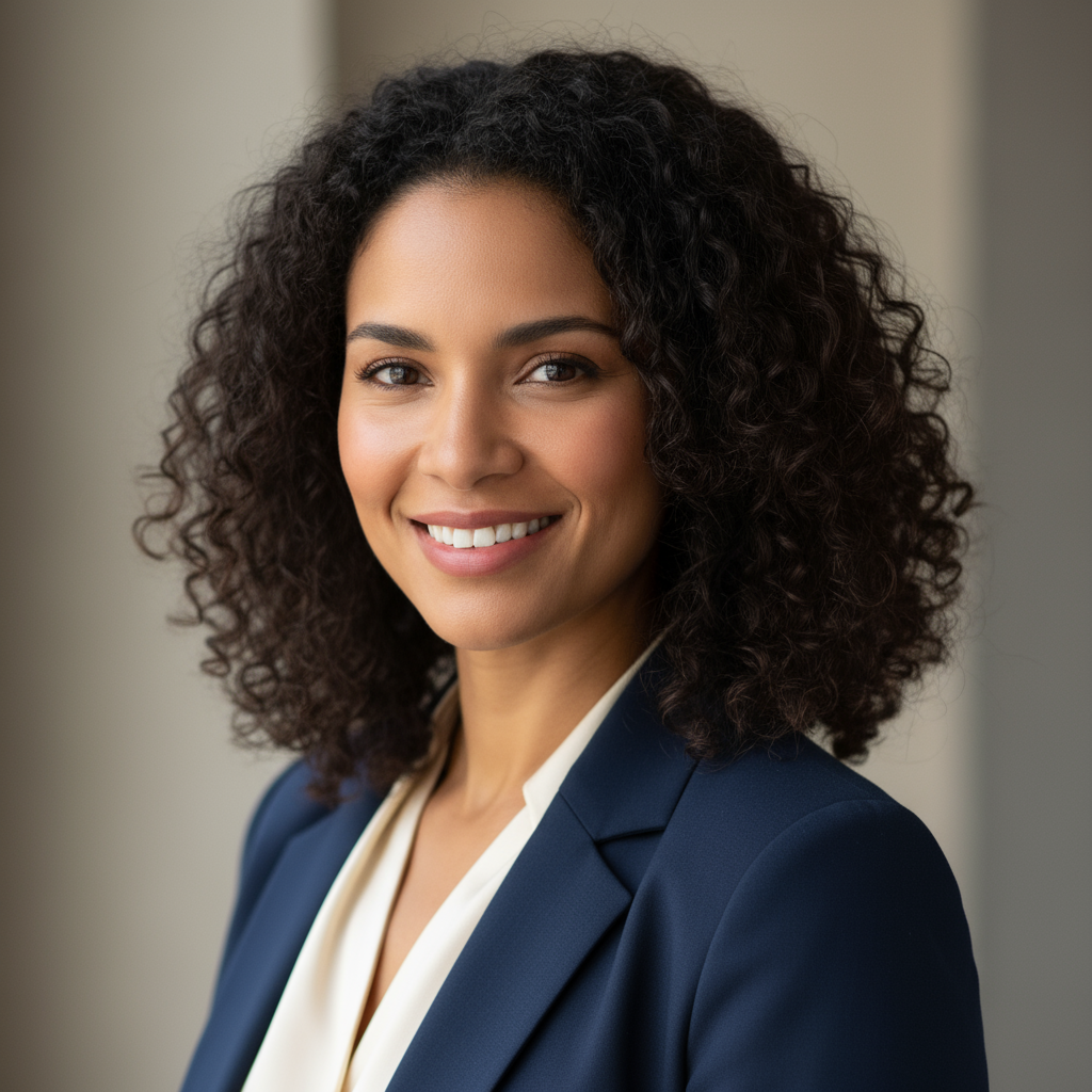 Dominique Okafor, professional woman with natural hair smiling confidently