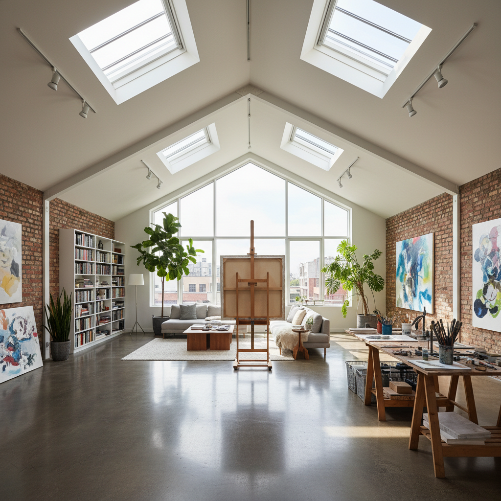 Artist loft with north-facing skylights and polished concrete floors