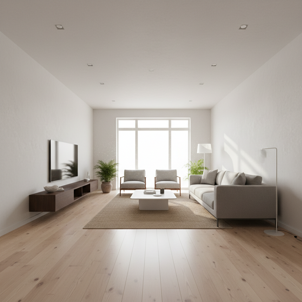 Bright living room with wooden floors in Berlin apartment