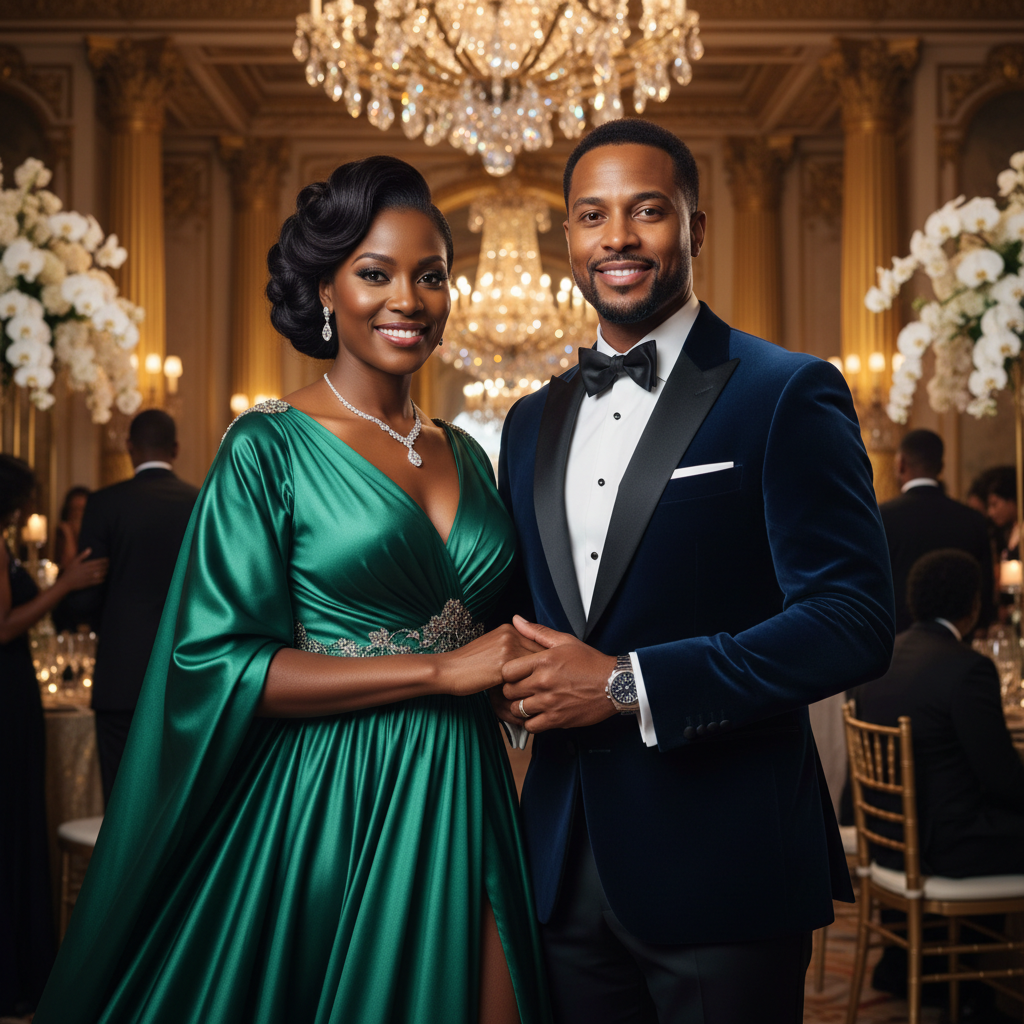 Couple dancing at venetian gala event in formal attire