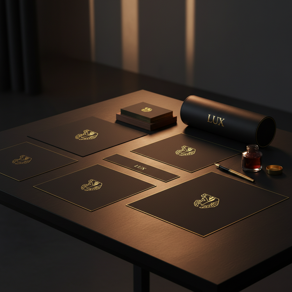 Business meeting with branding materials, professional office environment, dark modern interior, warm ambient lighting