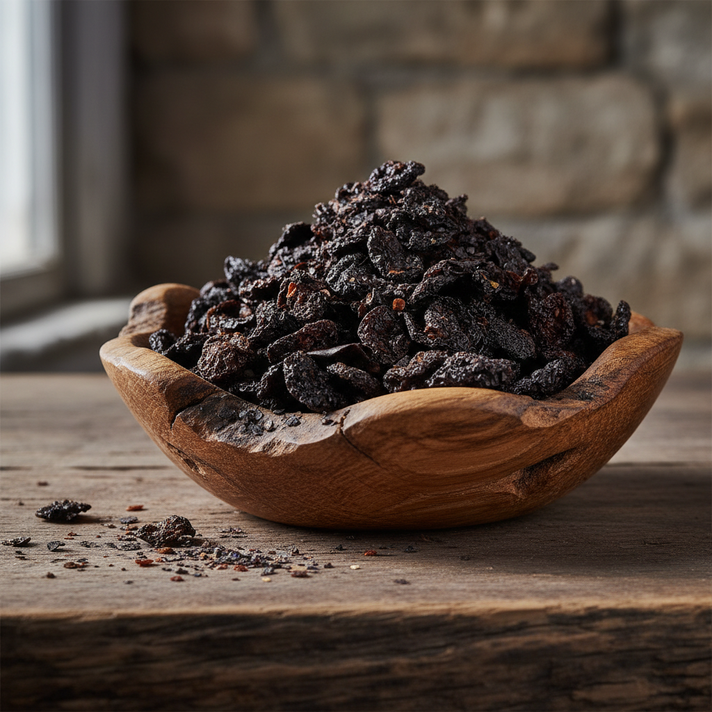 Dark dried Urfa chili peppers in a rustic wooden bowl