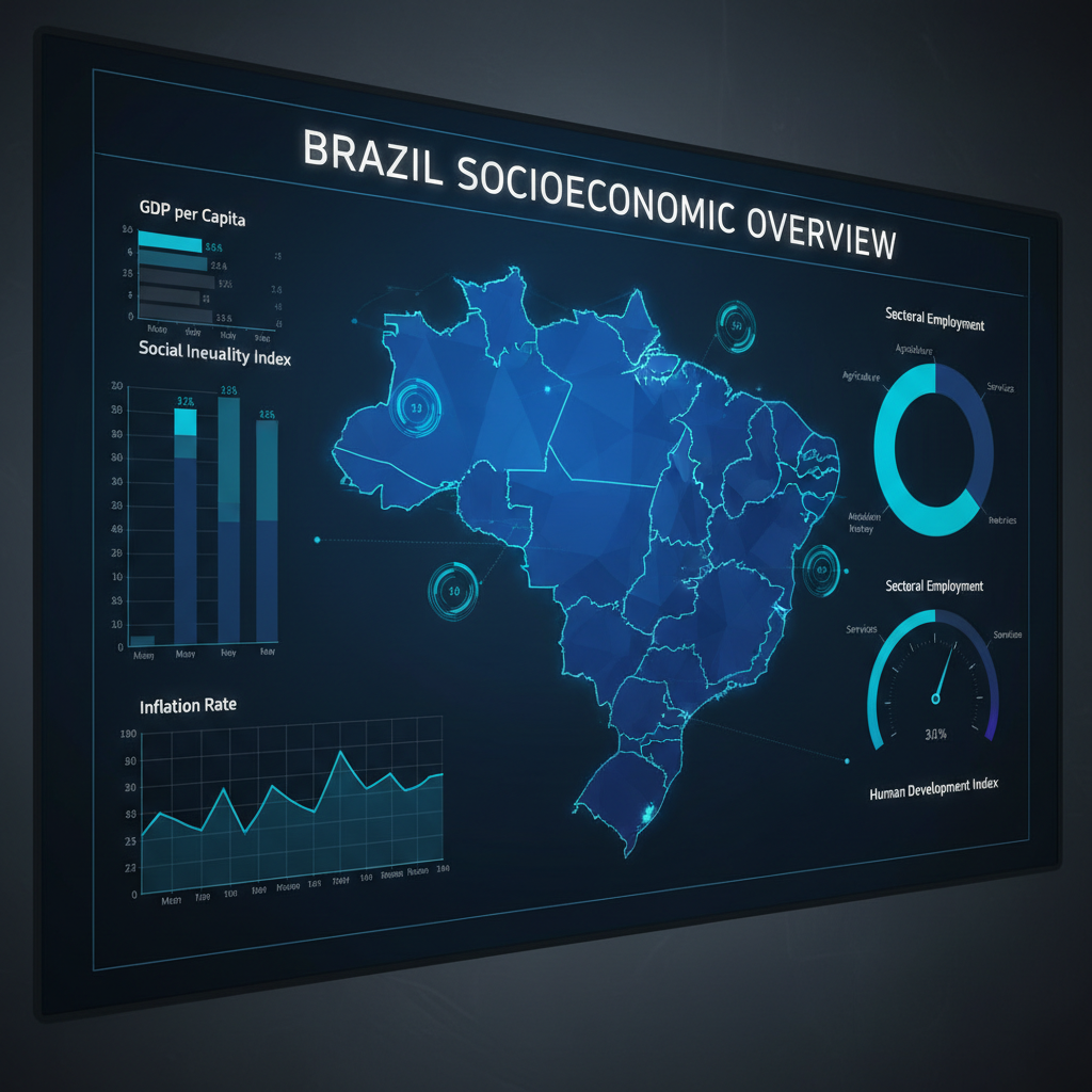 Dashboard analítico com mapa digital do Brasil e gráficos de dados socioeconômicos em tons de azul escuro