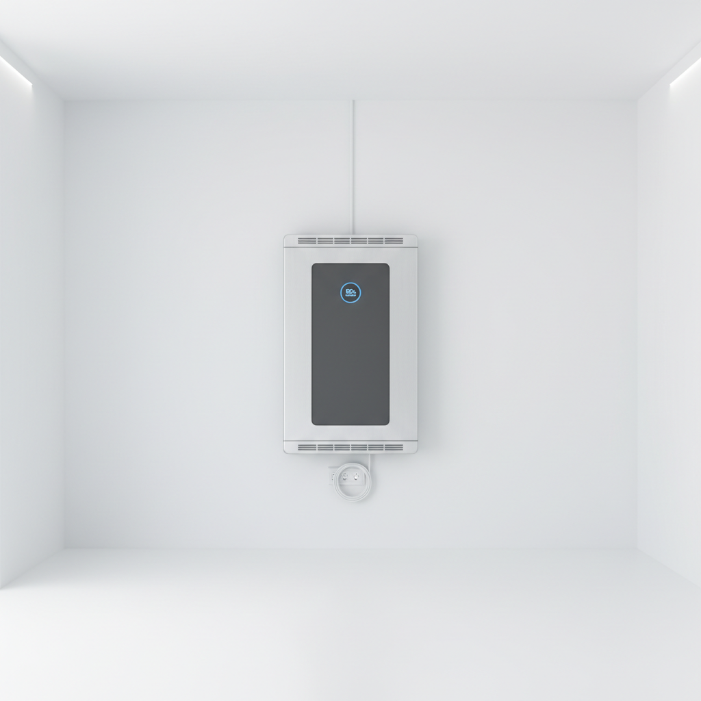 Modern lithium battery storage unit mounted on wall, clean white room, professional installation