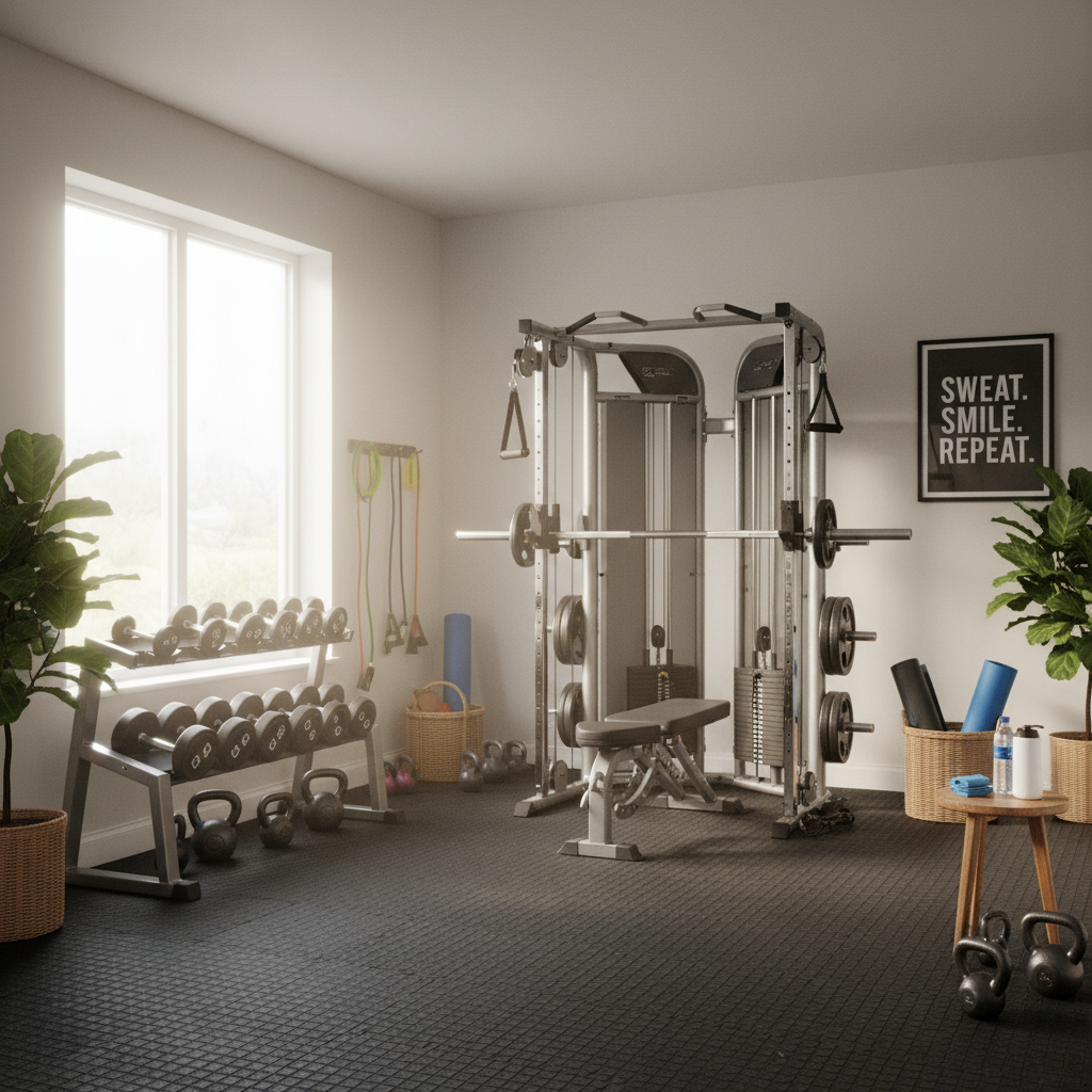 Woman training at home with elegant fitness equipment in a calm, light-filled space