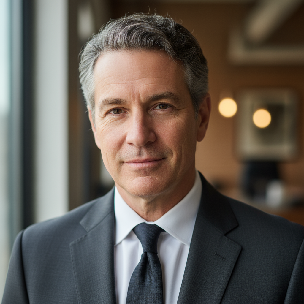 Professional portrait of David Thompson, VP with salt and pepper hair in charcoal suit with warm smile