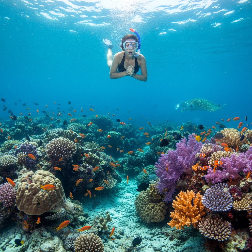 Caribbean snorkeling scene with tropical fish and coral reef