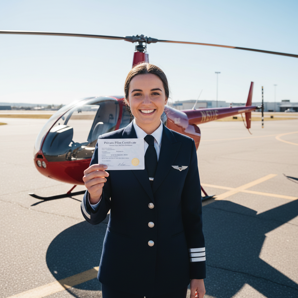 Fresh private pilot holding FAA certificate on airport ramp in front of Robinson R22, sunlit, proud expression