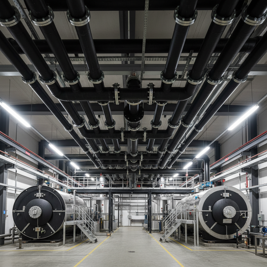 New black iron pipe installation in industrial boiler room, ceiling grid of pipes with flanges