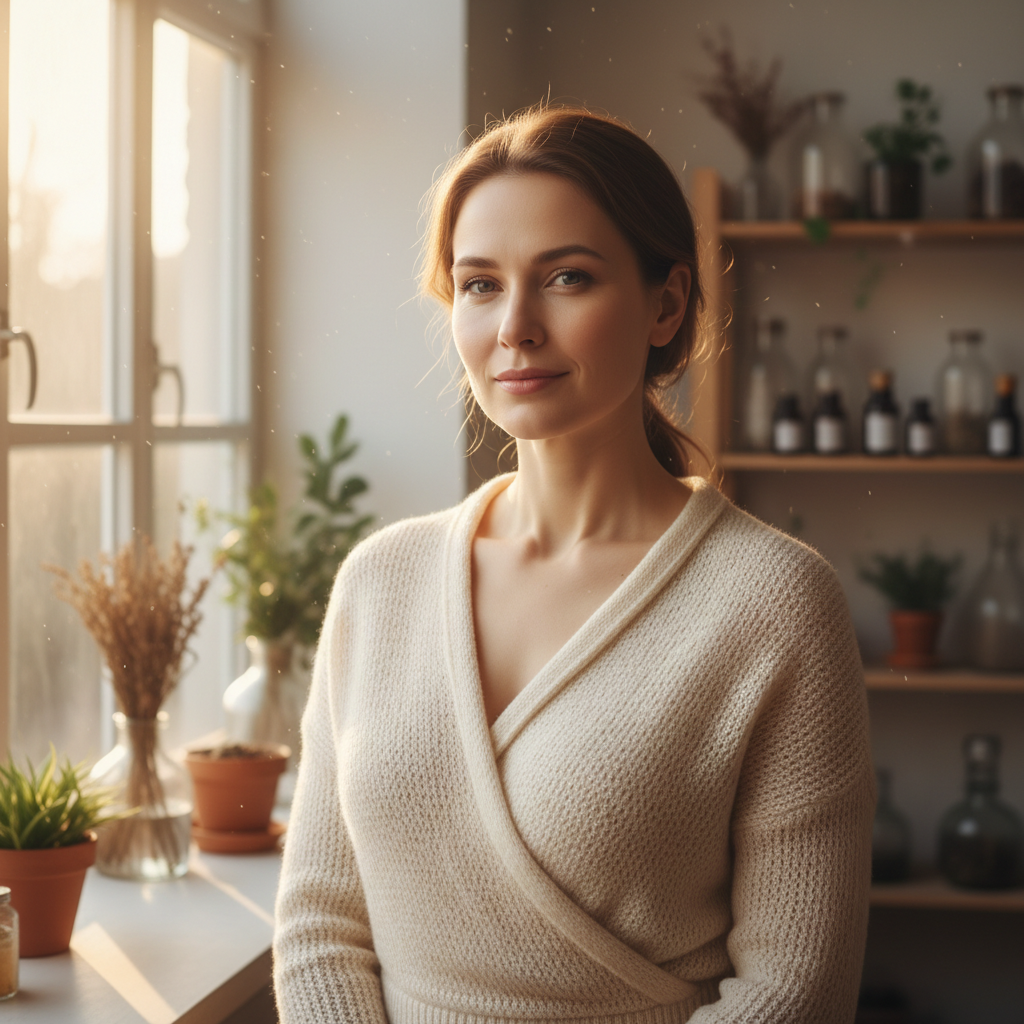 Dr. Clara Whitfield, homeopathic practitioner with calm demeanor in natural window light, wearing a simple knit top