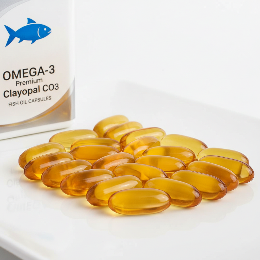 Golden soft gel supplement capsules on bright white surface with sunlight, warm amber tones