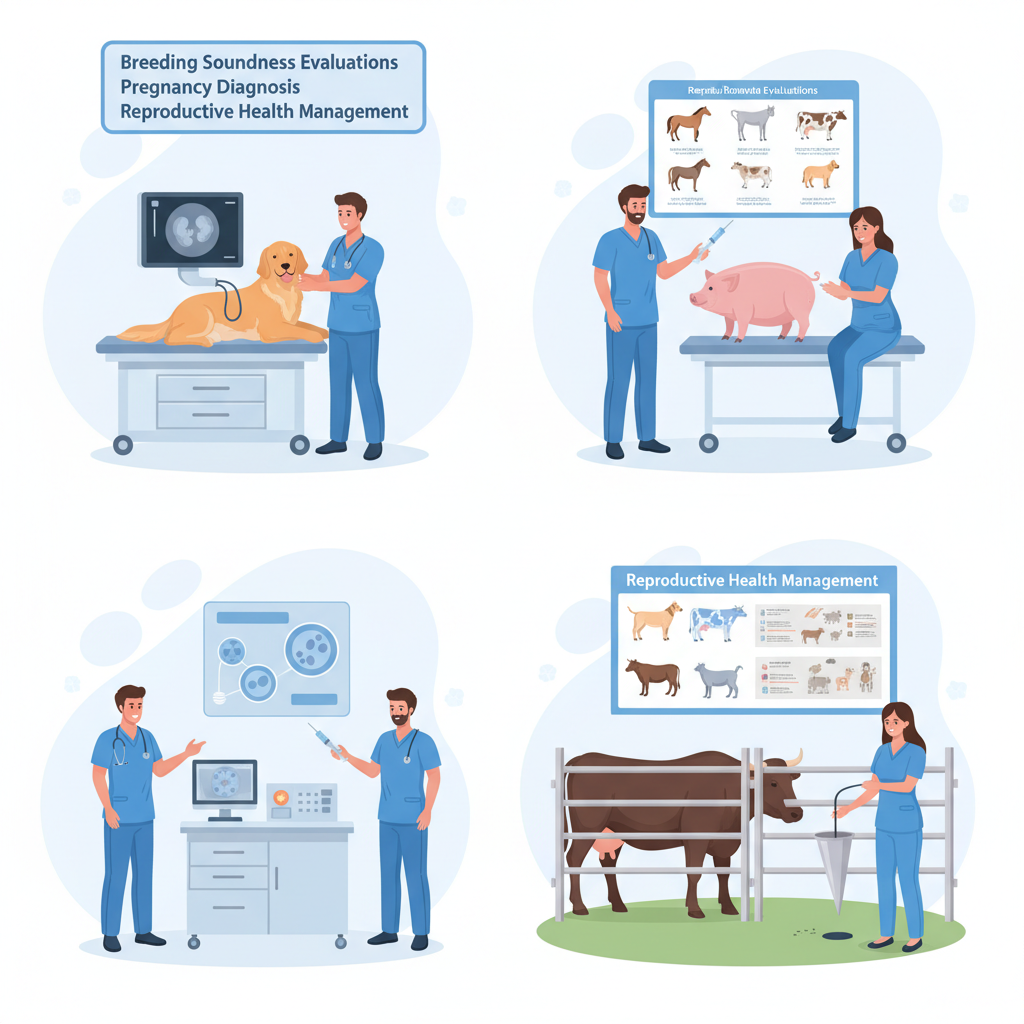 Veterinarian performing ultrasound reproductive examination on a mare in a clean barn stall, professional agricultural veterinary setting