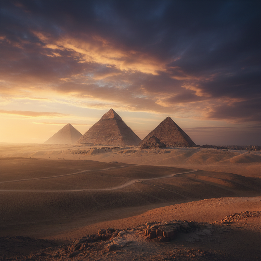 Egyptian pyramids at sunset with golden desert sand, ancient monuments, dramatic amber sky
