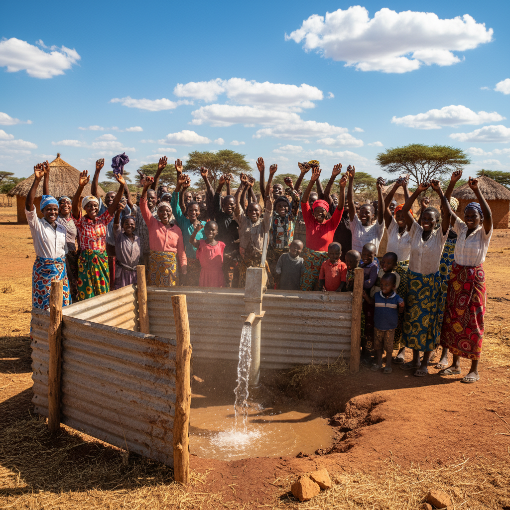 Community members gathered and celebrating around a newly drilled borehole, arms raised in joy