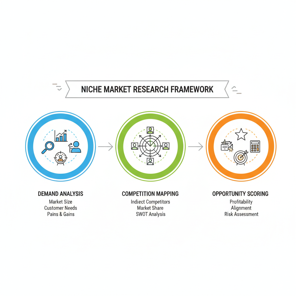 Niche market research framework showing demand analysis competition mapping and opportunity scoring