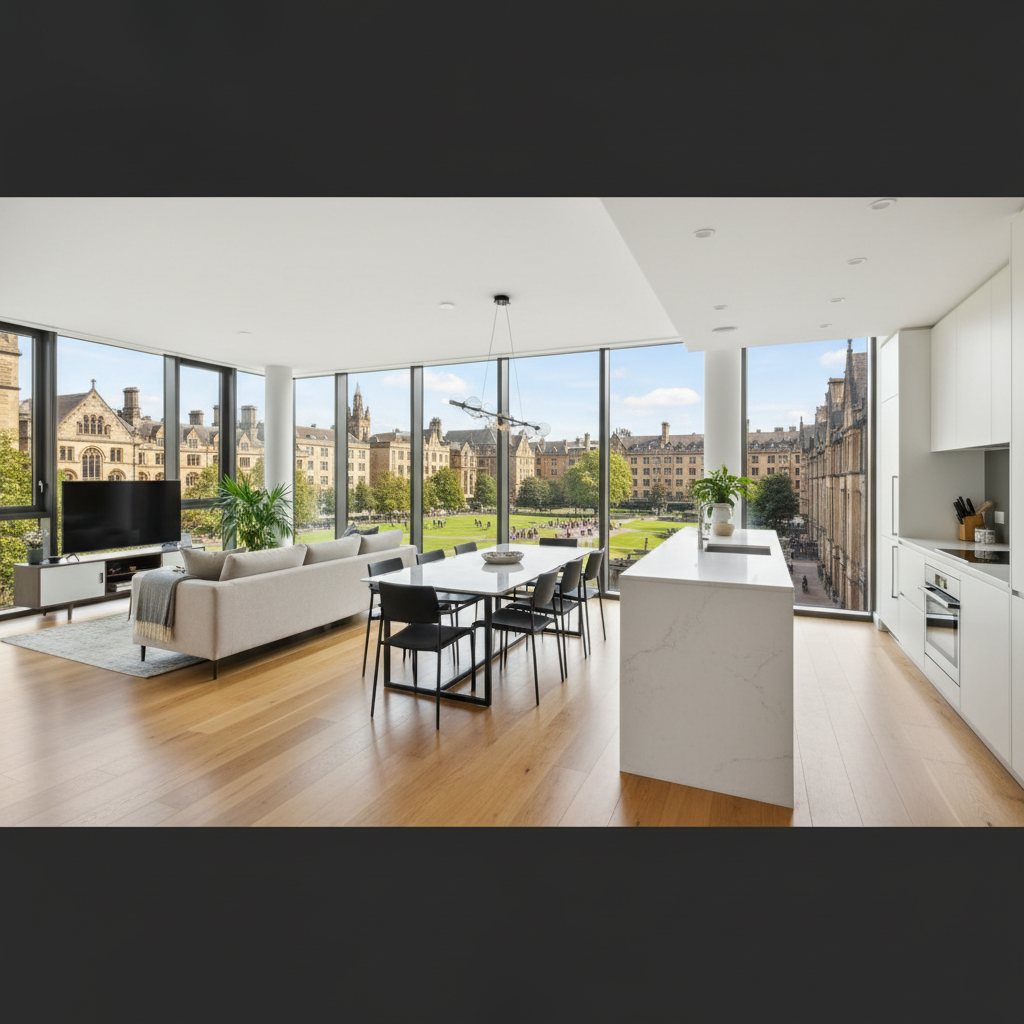 Modern two bedroom apartment living room with large windows and contemporary furniture overlooking Westlands