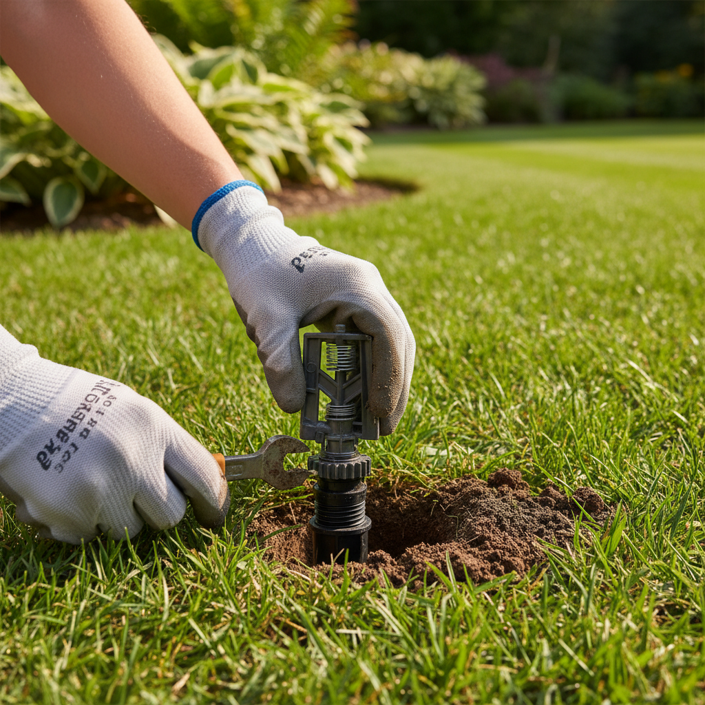 Irrigation sprinkler head being installed in a resort lawn bed with lush grass in background