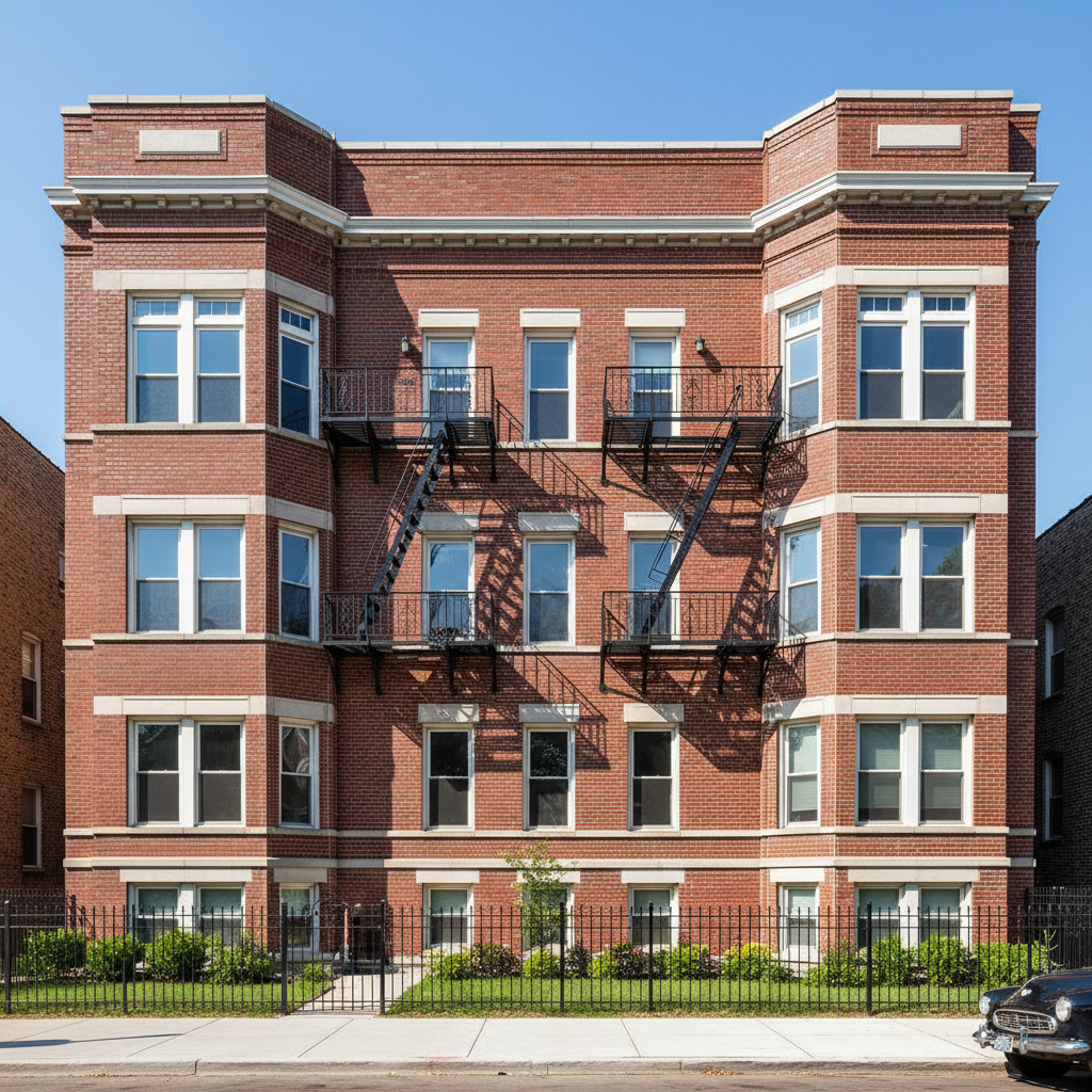 Fully restored north facade of 1914 Pilsen six-flat showing clean brick and tight mortar joints after tuckpointing