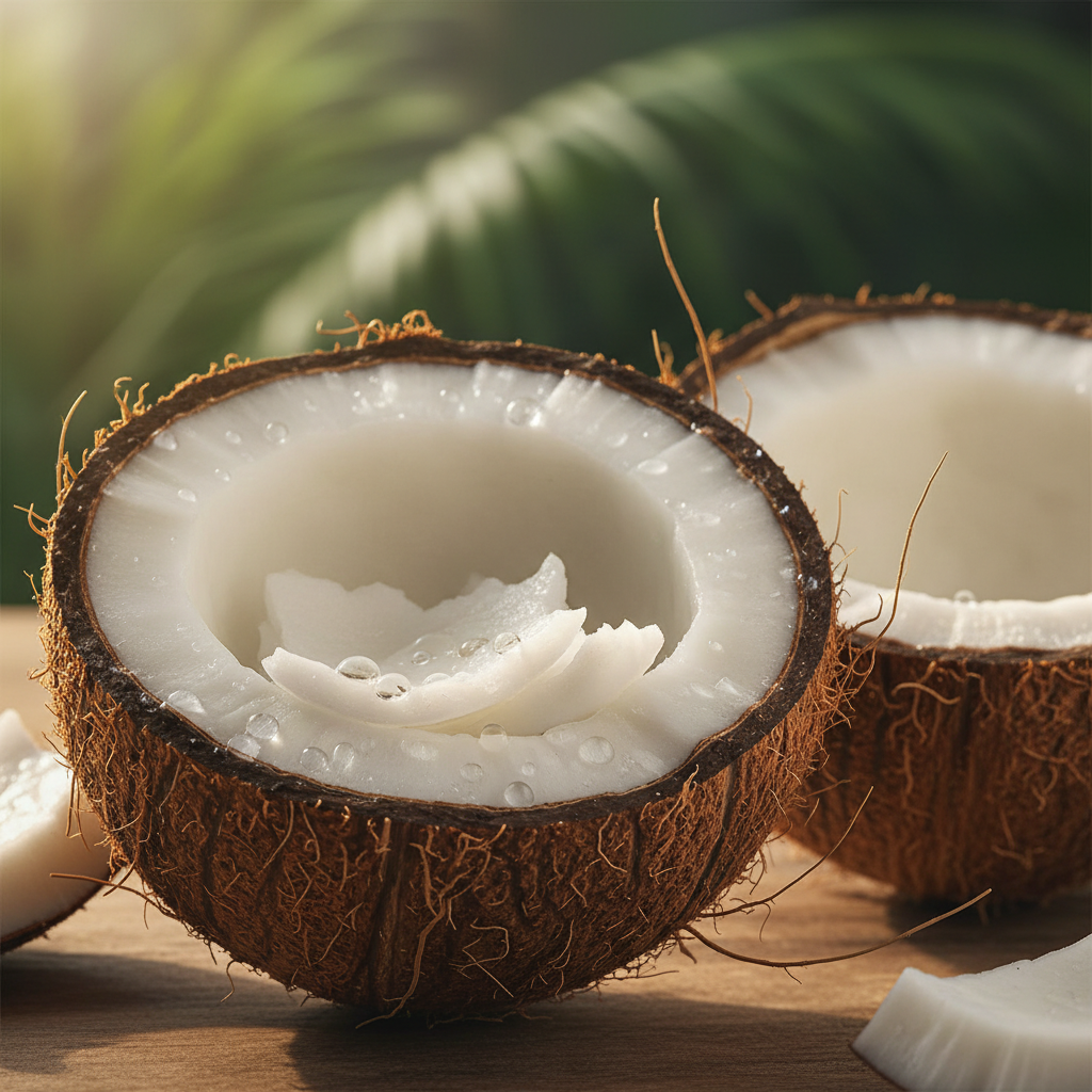 Fresh coconut halves and desiccated coconut flakes on bright white surface with tropical light