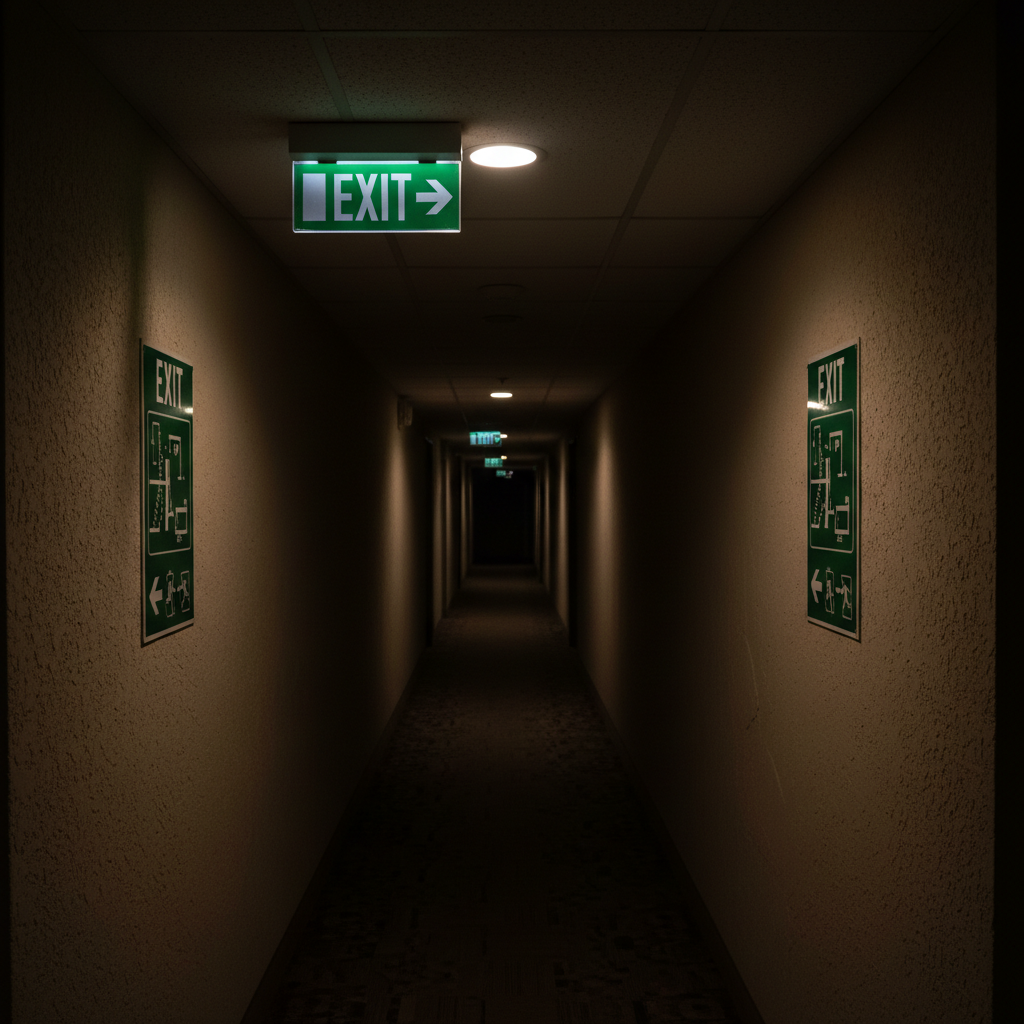 Dark residential hallway with emergency exit signs showing escape route planning