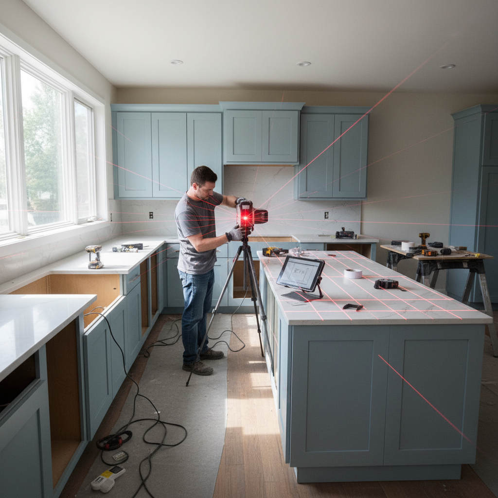 Laser measurement templating system being used in kitchen during renovation
