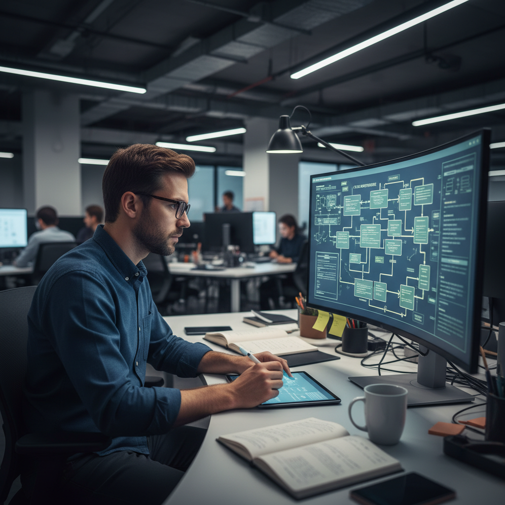 Engineer reviewing architecture diagram on screen