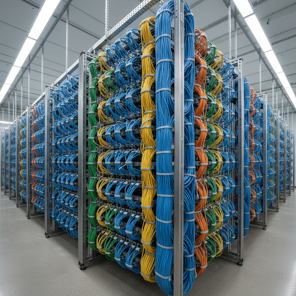 Dense fiber optic cable bundles in a carrier-neutral data center cross-connect room